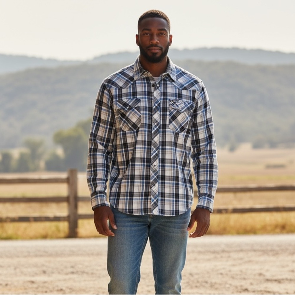 Wrancher Wrangler Blue Grey‎ Plaid Shirt Pearl Snap Mens XL Cotton Blend Cowboy